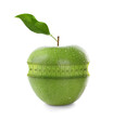 Green apple with measuring tape on white background. Slimming, weight loss concept