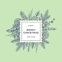 Wall Mural - Merry Christmas Abstract Botanical Card with Frame Banner. Hand Drawn Pine Branches, Mistletoe and Flowers, Leaves Holiday Sketches. New Year Celebration Background Layout.