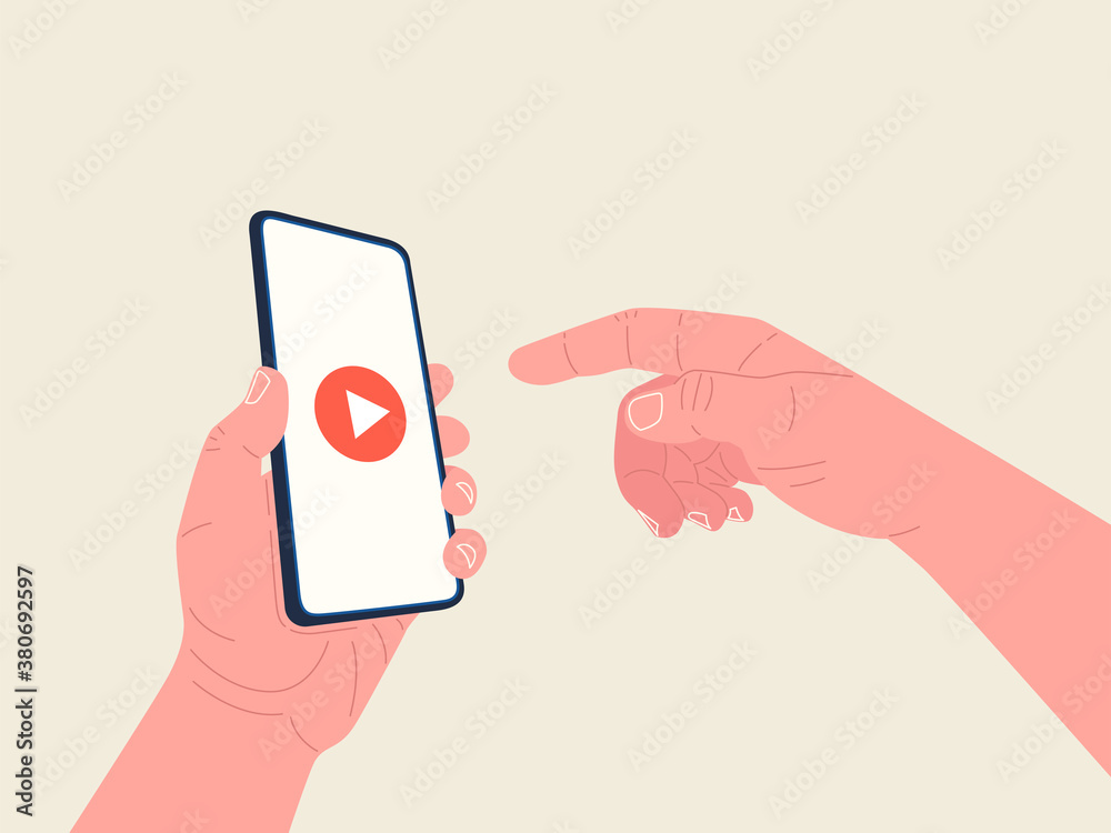 Hand holding smartphone and other hand reaches the screen to start the ...