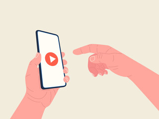 Poster - Hand holding smartphone and other hand reaches the screen to start the video. Video player on screen. Vector illustration.