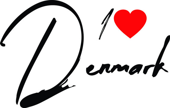 I Love Denmark Country Name Handwritten Calligraphy Black Color Text 
on White Background