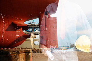 Double exposure workers in shipyard hand holding safety helmet hard hat in shipyard during ship repair in dry dock