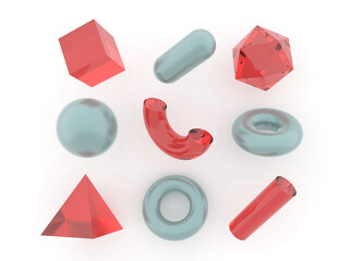 Aufkleber - Set of 3d render realistic primitives on white background. Isolated graphic elements: sphere, torus, cube, icosahedron and other geometric shapes made of glass.