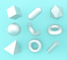 Aufkleber - Set of 3d render realistic primitives on pastel background. Isolated graphic elements: sphere, torus, cube, icosahedron and other geometric shapes made of silver material.
