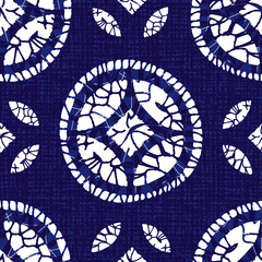  Vector blue shibori quilt round circle seamless pattern with canvas background. Suitable for textile, gift wrap and wallpaper.