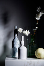 Still Life Of Marble Vases And Japanese Cherry Blossoms.