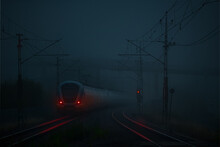 Commuter Train In Fog During Early Morning During Autum, Red Lights. Sweden