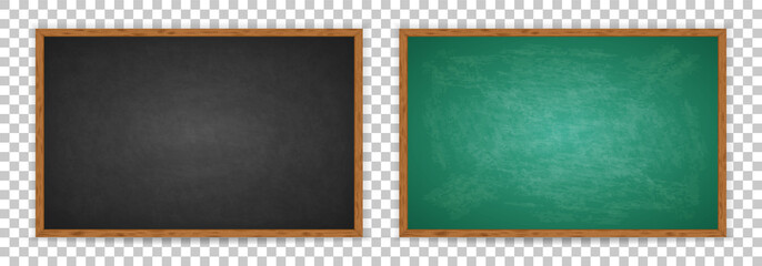 Realistic chalkboard with wooden frame isolated on transparent background. Chalkboard set for design. Rubbed out dirty chalkboard. Empty black, blue, green blackboard for classroom or restaurant menu