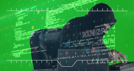 Poster - Cyber security data processing over male hacker using computer against green screen