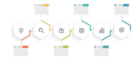 Wall Mural - Minimal Business Infographics template. Timeline with 6 steps, options and marketing icons .Vector linear infographic with six conected elements. Can be use for presentation.