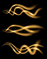 Wall Mural - Dynamic golden waves with sparkles on black background. Magic vortex lines with light effect. Abstract motion of particles. Vector illustration