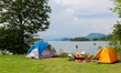 © jokekung - tent and camping in forest, dinner and adventure on nature background