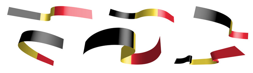 Set of holiday ribbons. Flag of Belgium waving in wind. Separation into lower and upper layers. Design element. Vector on white background