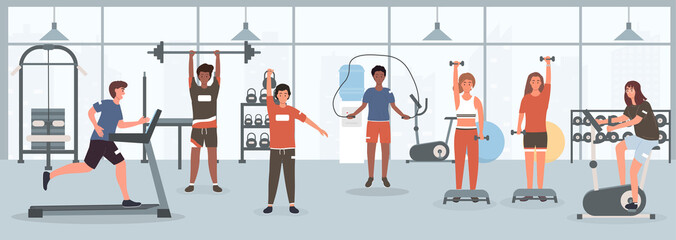 A group of young fit people men and women doing sports in the gym. Lifting barbell, running on a treadmill, jumping rope, lifting dumbbells and riding an exercise bike. Flat vector illustration.