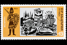 A Postage Stamp Printed In BULGARIA Shows The War Of Momchil (14th Century), The Series "Bulgarian History", Circa 1973. Macro Photography. Complete Clipping.