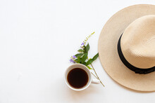 Hot Coffee Espresso With Hat Of Lifestyle Woman Relax Arrangement Flat Lay Style On Background White Wooden