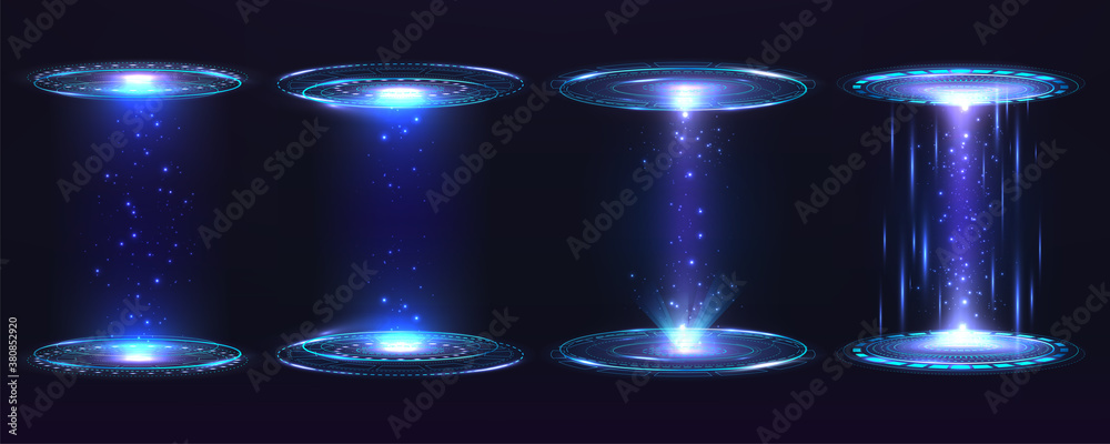 Futuristic portal circle, hologram. Set of digital elements virtual interface Hug Gui graphic motion with blue rays light. - obrazy, fototapety, plakaty 