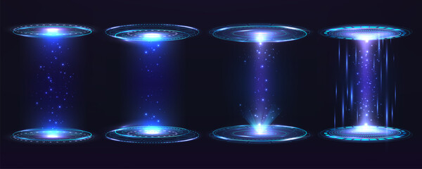 Futuristic portal circle, hologram. Set of digital elements virtual interface Hug Gui graphic motion with blue rays light.