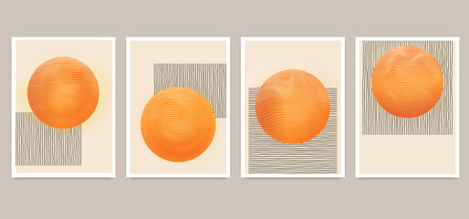 Poster - Set of minimalistic geometric art posters with elements of geometric shapes, spheres with wavy dynamic lines. Modern contemporary creative trendy abstract templates vector illustration.