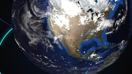 Poster - Computer generated Earth connection in outer space. Close-up of a spinning planet with neon connecting beams. 3d rendering of elements background of this image are presented by NASA