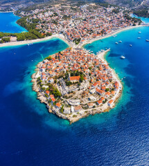 Wall Mural - primosten town, croatia. view of the city from the air. seascape with beach and old town. view from 