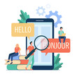 Translating app on mobile phone. People using online translation service, translating from English into French. Vector illustration for foreign language learning, online service, communication concept