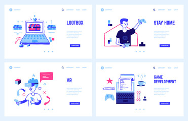 Poster - Gaming landing page. Game development and 3d VR videogames concepts with flat doodle elements. Man plays computer games on laptop with joystick and virtual reality glasses. Vector web pages mockup set