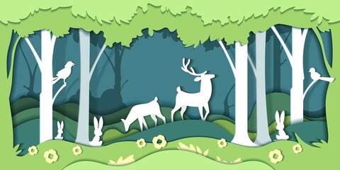 Paper cut environment. Multilayer flat cardboard forest with animals, save the world origami concept. Deer, hares and birds among trees for posters and flyers. Vector nature landscape background