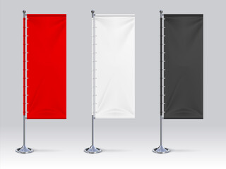 Wall Mural - Flag banner mockup. Realistic blank hanging advertising cloth, white red and black fabric outdoor exhibition stand. Collection 3D banners for branding, logos and symbol vector design template set