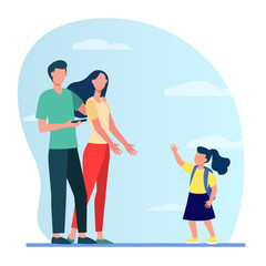 Poster - Schoolgirl with backpack walking to her parents. Mom reaching hands to daughter, dad using cell flat vector illustration. Parenthood, family concept for banner, website design or landing web page