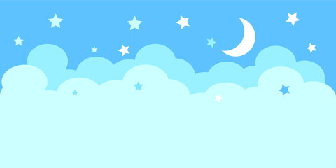  Moon and stars. Blue clouds. Vector illustration