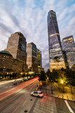 Fototapeta  - Dawn view at street and skyscrapers in lower Manhattan, New York city, USA