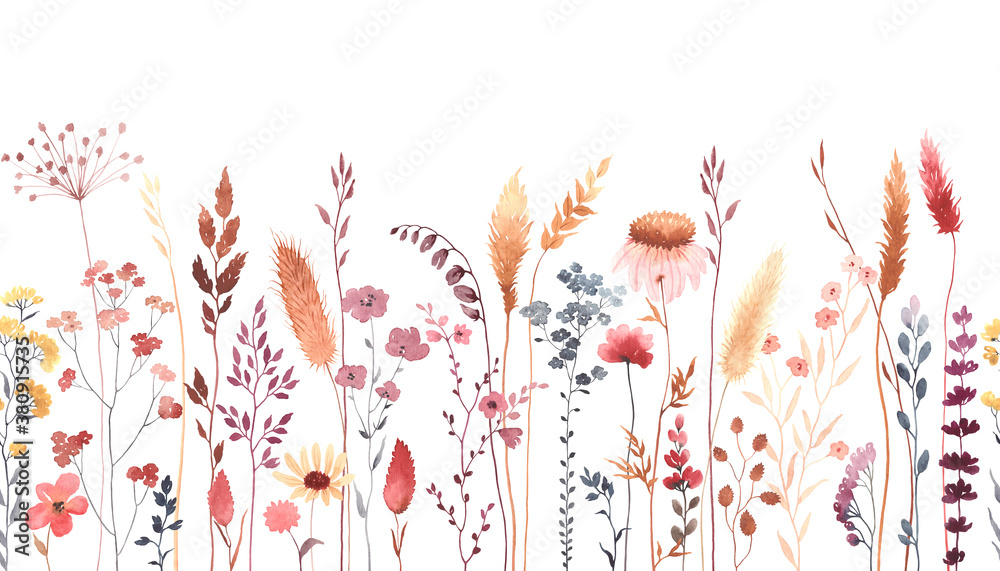 Watercolor floral seamless pattern with colorful wildflowers, plants and grass. Panoramic horizontal border, isolated illustration. Meadow in vintage style. - obrazy, fototapety, plakaty 