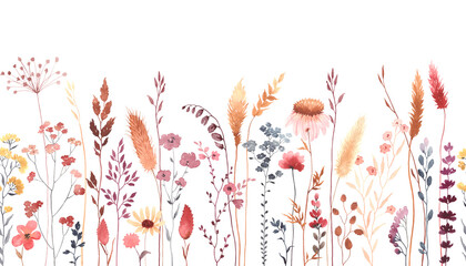 Watercolor floral seamless pattern with colorful wildflowers, plants and grass. Panoramic horizontal border, isolated illustration. Meadow in vintage style.