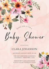 Wall Mural - Pink Creamy Floral Watercolor Baby Shower Invitation Card