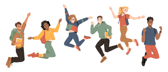 Multicultural students jumping, happiness success, happy young people, vector flat cartoon. University students or college and school friends jump up with raised hands and happy smiles of celebration