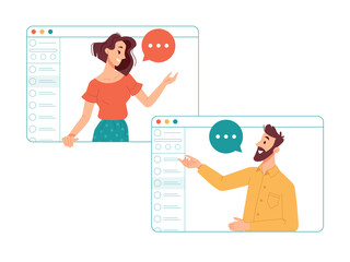 Poster - Man and woman communicating online via internet using video call application. Friends talking and laughing, business partners on conference. Working remotely, chatting people on teleconference vector
