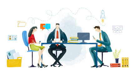 Digital illustration  Business people in office, meeting. Developing team, solving problems, finding solution, support and advisory. Business and finance concept