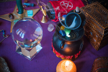 Magic scene, Mystical atmosphere, view of wicca the velvet table, esoteric concept, fortune telling and predictions