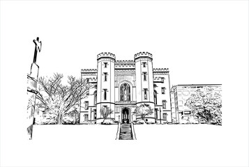 Building view with landmark of Baton Rouge is the capital of the U.S. state of Louisiana. Hand drawn sketch illustration in vector.