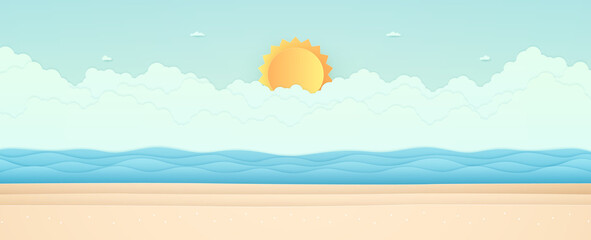 Wall Mural - Summer Time, seascape, landscape, blue sea with beach, cloud and bright sun, paper art style