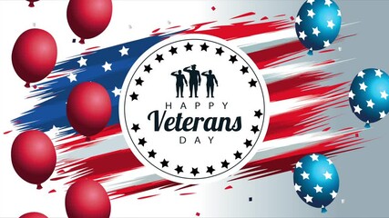 Sticker - happy veterans day lettering animation with seal and balloons helium