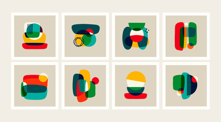 Wall Mural - set of eight abstract patterns. square cards. boho posters. hand drawn various shapes and doodle obj