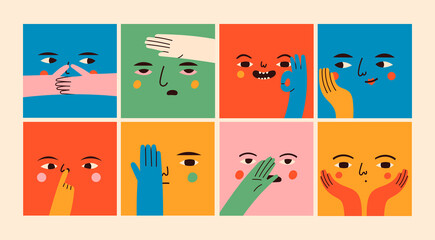 Square abstract comic Faces with various Emotions and hand gestures. Different colored characters. Cartoon style. Flat design. Hand drawn trendy Vector illustrations. Every face is isolated