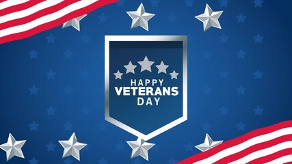 Poster - happy veterans day lettering animation with shield and stars