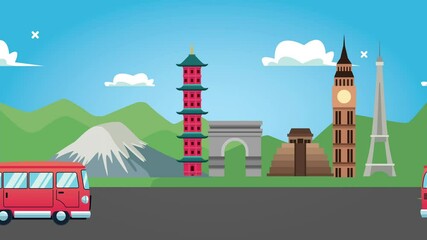 Poster - world tourism animation with monuments and van