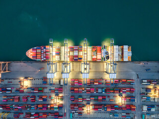 Wall Mural - Container , container ship in export and import business and logistics. Shipping cargo to harbor by crane. Water transport International. Aerial view and top view.