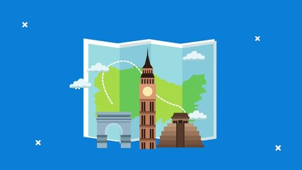 Sticker - world tourism animation with paper map and monuments