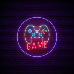Wall Mural - Neon Game signboard. Glowing neon Gamepad icon in circle frame on brick wall background. Game controller. Vector Illustration.
