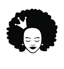 Face of a child.Black African American girl woman beautiful lady head face vector silhouette drawing illustration with curly hair crown isolated on white background.Queen.Princess.